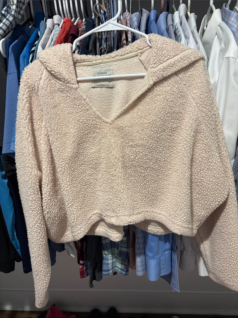 Urban Outfitters Cream Sherpa Cropped V-Neck Hoodie